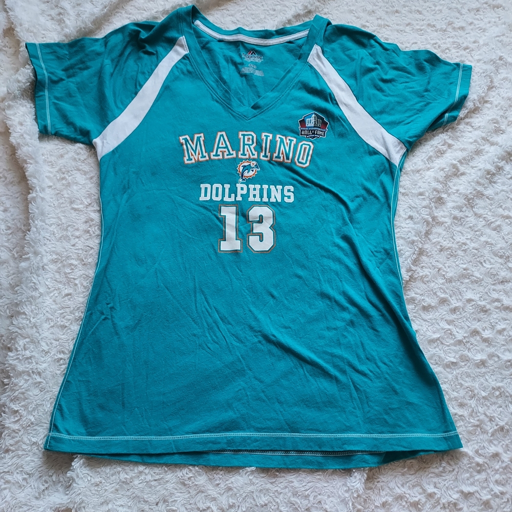 Majestic Teal Miami Dolphins NFL Dan Marino V-neck Tee Large Florida Football